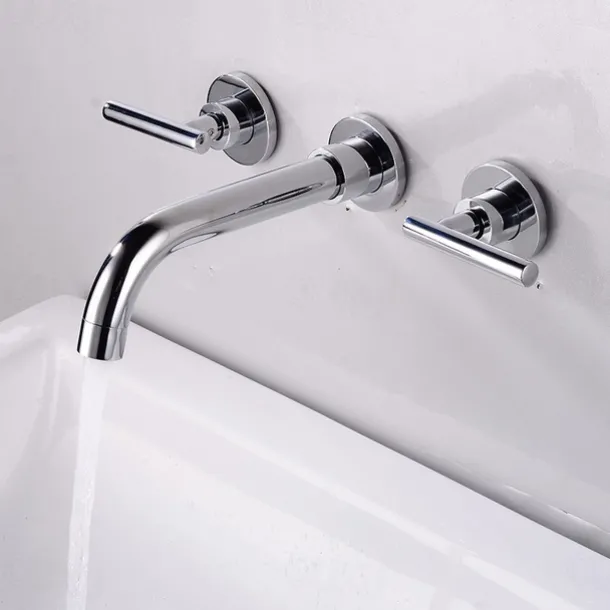 Bathroom Sink Mixer Faucet Wall Mounted, 2 Handle 3 Hole Wash Baxin Brass Taps, Rough in Valve Washroom Basin Tap