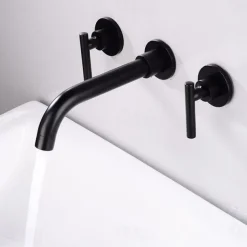 Bathroom Sink Mixer Faucet Wall Mounted, 2 Handle 3 Hole Wash Baxin Brass Taps, Rough in Valve Washroom Basin Tap