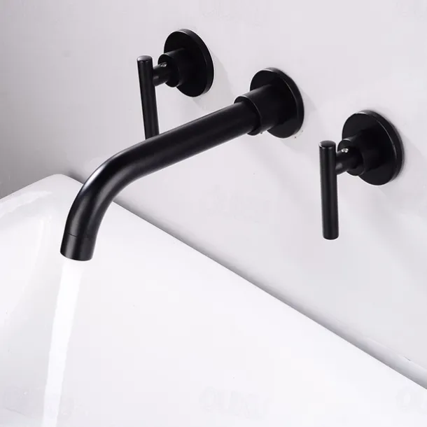 Bathroom Sink Mixer Faucet Wall Mounted, 2 Handle 3 Hole Wash Baxin Brass Taps, Rough in Valve Washroom Basin Tap