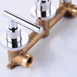 Bathroom Sink Mixer Faucet Wall Mounted, 2 Handle 3 Hole Wash Baxin Brass Taps, Rough in Valve Washroom Basin Tap