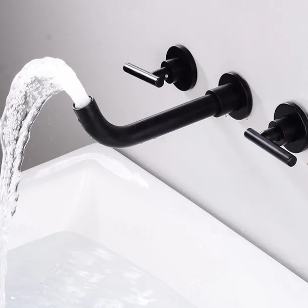 Bathroom Sink Mixer Faucet Wall Mounted, 2 Handle 3 Hole Wash Baxin Brass Taps, Rough in Valve Washroom Basin Tap