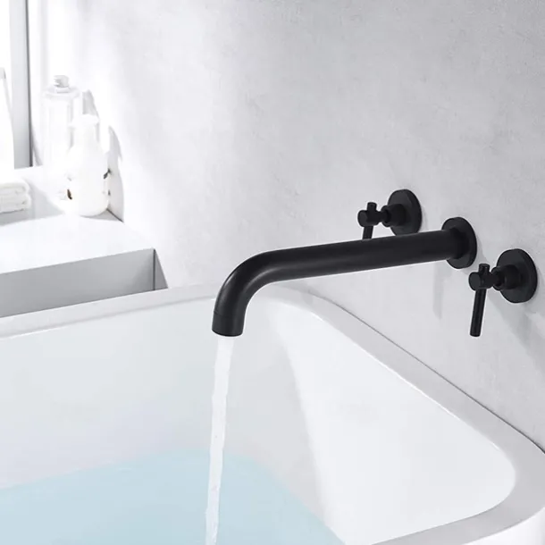 Bathroom Sink Mixer Faucet Wall Mounted, 2 Handle 3 Hole Wash Baxin Brass Taps, Rough in Valve Washroom Basin Tap