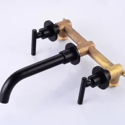 Bathroom Sink Mixer Faucet Wall Mounted, 2 Handle 3 Hole Wash Baxin Brass Taps, Rough in Valve Washroom Basin Tap