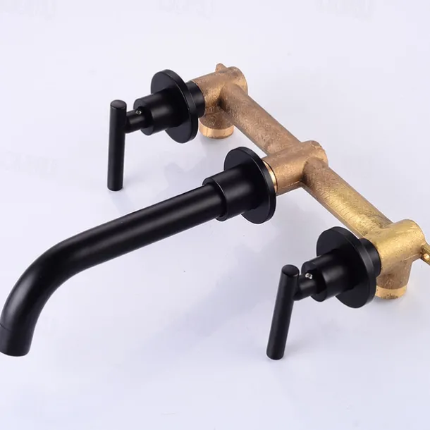 Bathroom Sink Mixer Faucet Wall Mounted, 2 Handle 3 Hole Wash Baxin Brass Taps, Rough in Valve Washroom Basin Tap
