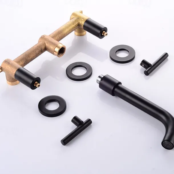 Bathroom Sink Mixer Faucet Wall Mounted, 2 Handle 3 Hole Wash Baxin Brass Taps, Rough in Valve Washroom Basin Tap