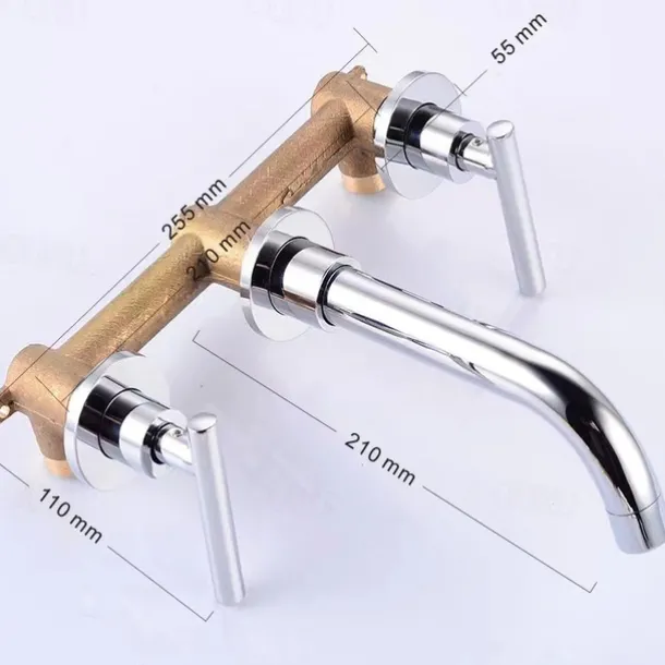 Bathroom Sink Mixer Faucet Wall Mounted, 2 Handle 3 Hole Wash Baxin Brass Taps, Rough in Valve Washroom Basin Tap