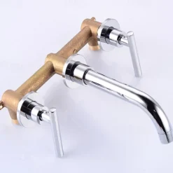 Bathroom Sink Mixer Faucet Wall Mounted, 2 Handle 3 Hole Wash Baxin Brass Taps, Rough in Valve Washroom Basin Tap