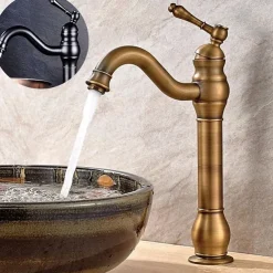 Bathroom Sink Mixer Faucet Antique Brass ORB, 360 Rotatable Basin Tap Single Handle Deck Mounted, Traditional Washroom Vessel Bath Taps