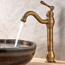 Bathroom Sink Mixer Faucet Antique Brass ORB, 360 Rotatable Basin Tap Single Handle Deck Mounted, Traditional Washroom Vessel Bath Taps