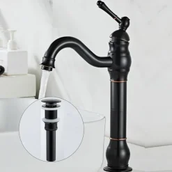 Bathroom Sink Mixer Faucet Antique Brass ORB, 360 Rotatable Basin Tap Single Handle Deck Mounted, Traditional Washroom Vessel Bath Taps
