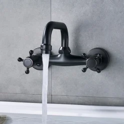 Bathroom Sink Mixer Faucet Wall Mount, Vintage 2 Handle 3 Holes Basin Taps with Cold Hot Water Hose, Washroom Mono Basin Vessel Taps Deck Mounted Oil-rubbed Bronze