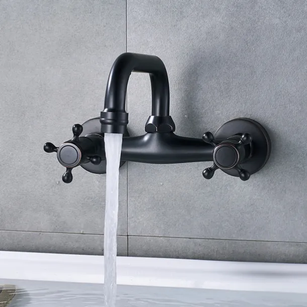 Bathroom Sink Mixer Faucet Wall Mount, Vintage 2 Handle 3 Holes Basin Taps with Cold Hot Water Hose, Washroom Mono Basin Vessel Taps Deck Mounted Oil-rubbed Bronze