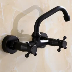 Bathroom Sink Mixer Faucet Wall Mount, Vintage 2 Handle 3 Holes Basin Taps with Cold Hot Water Hose, Washroom Mono Basin Vessel Taps Deck Mounted Oil-rubbed Bronze