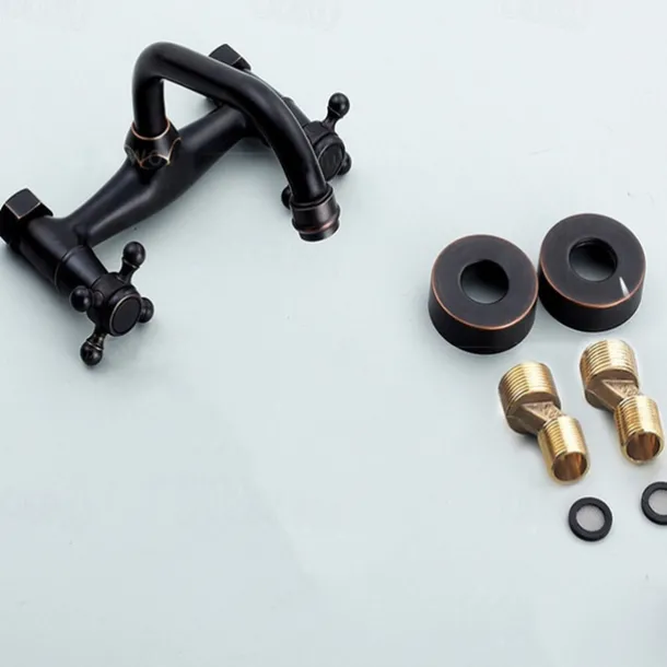 Bathroom Sink Mixer Faucet Wall Mount, Vintage 2 Handle 3 Holes Basin Taps with Cold Hot Water Hose, Washroom Mono Basin Vessel Taps Deck Mounted Oil-rubbed Bronze