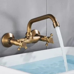 Bathroom Sink Mixer Faucet Wall Mount, Vintage 2 Handle 3 Holes Basin Taps with Cold Hot Water Hose, Washroom Mono Basin Vessel Taps Deck Mounted Oil-rubbed Bronze