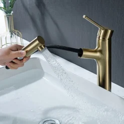 Bathroom Sink Mixer Vessel Faucet Pull Out with 2 Mode Spout Sprayer, Single Handle Pull Down Basin Taps Deck Mounted