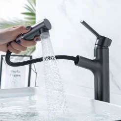 Bathroom Sink Mixer Vessel Faucet Pull Out with 2 Mode Spout Sprayer, Single Handle Pull Down Basin Taps Deck Mounted