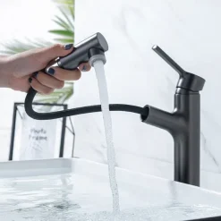 Bathroom Sink Mixer Vessel Faucet Pull Out with 2 Mode Spout Sprayer, Single Handle Pull Down Basin Taps Deck Mounted