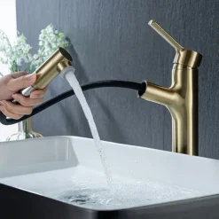 Bathroom Sink Mixer Vessel Faucet Pull Out with 2 Mode Spout Sprayer, Single Handle Pull Down Basin Taps Deck Mounted