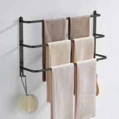 Bathroom Three-layer Shelf with Hooks Stainless Steel Multi-function Towel Rack Matte Black and Golden 1pc