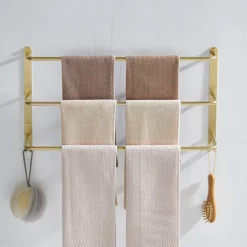 Bathroom Three-layer Shelf with Hooks Stainless Steel Multi-function Towel Rack Matte Black and Golden 1pc