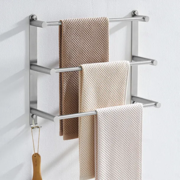 Bathroom Three-layer Shelf with Hooks Stainless Steel Multi-function Towel Rack Wall Mounted Matte Gold and Brushed Nickel 1pc