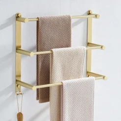 Bathroom Three-layer Shelf with Hooks Stainless Steel Multi-function Towel Rack Wall Mounted Matte Gold and Brushed Nickel 1pc
