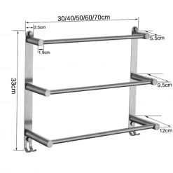 Bathroom Three-layer Shelf with Hooks Stainless Steel Multi-function Towel Rack Wall Mounted Matte Gold and Brushed Nickel 1pc