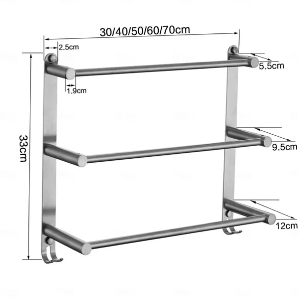Bathroom Three-layer Shelf with Hooks Stainless Steel Multi-function Towel Rack Wall Mounted Matte Gold and Brushed Nickel 1pc