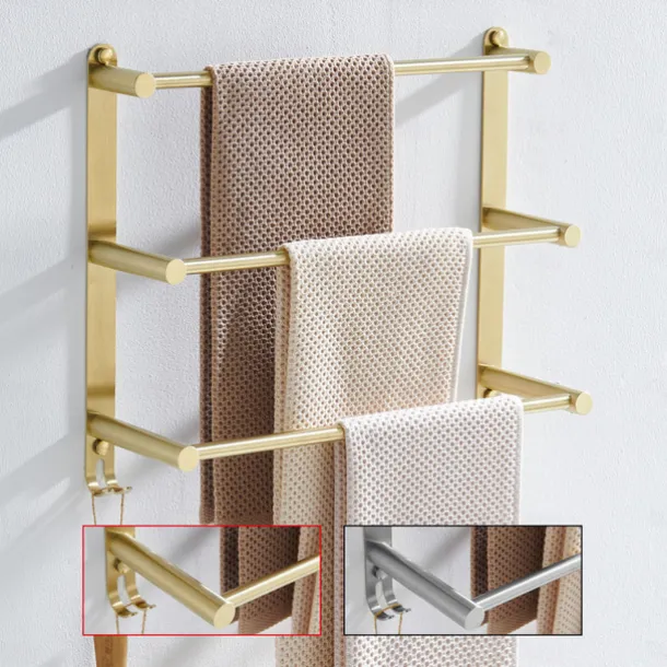 Bathroom Three-layer Shelf with Hooks Stainless Steel Multi-function Towel Rack Wall Mounted Matte Gold and Brushed Nickel 1pc