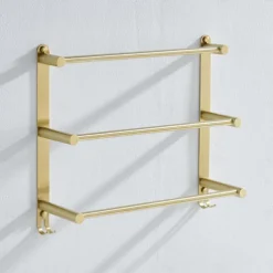 Bathroom Three-layer Shelf with Hooks Stainless Steel Multi-function Towel Rack Wall Mounted Matte Gold and Brushed Nickel 1pc