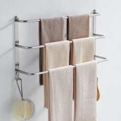 Bathroom Three-layer Shelf with Hooks Stainless Steel Multi-function Towel Rack Polished Silver and Brushed Nickel 1pc