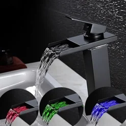 Bathroom Vessel Faucet Tall LED Waterfall Spout 3 Color Changes with Temperature, Sink Mixer Mono Basin Taps, Single Handle One Hole Brass Washroom Vessel Tap Deck Mounted