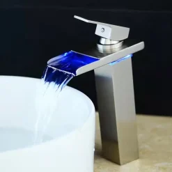 Bathroom Vessel Faucet Tall LED Waterfall Spout 3 Color Changes with Temperature, Sink Mixer Mono Basin Taps, Single Handle One Hole Brass Washroom Vessel Tap Deck Mounted