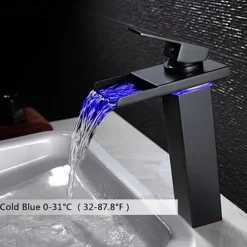 Bathroom Vessel Faucet Tall LED Waterfall Spout 3 Color Changes with Temperature, Sink Mixer Mono Basin Taps, Single Handle One Hole Brass Washroom Vessel Tap Deck Mounted
