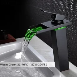 Bathroom Vessel Faucet Tall LED Waterfall Spout 3 Color Changes with Temperature, Sink Mixer Mono Basin Taps, Single Handle One Hole Brass Washroom Vessel Tap Deck Mounted