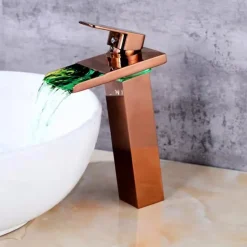 Bathroom Vessel Faucet Tall LED Waterfall Spout 3 Color Changes with Temperature, Sink Mixer Mono Basin Taps, Single Handle One Hole Brass Washroom Vessel Tap Deck Mounted