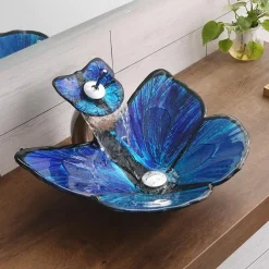 Bathroom Vessel Sink Butterfly Shape Artistic Tempered Glass Vessel Sink Vessel Bowl Sink Countertop Vanity Vessel Sink with Waterfall Faucet and Pop Up Drain Combo