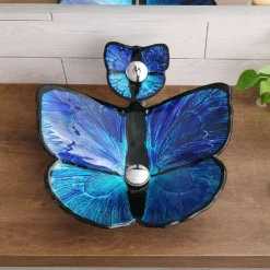 Bathroom Vessel Sink Butterfly Shape Artistic Tempered Glass Vessel Sink Vessel Bowl Sink Countertop Vanity Vessel Sink with Waterfall Faucet and Pop Up Drain Combo