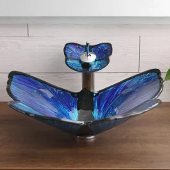 Bathroom Vessel Sink Butterfly Shape Artistic Tempered Glass Vessel Sink Vessel Bowl Sink Countertop Vanity Vessel Sink with Waterfall Faucet and Pop Up Drain Combo