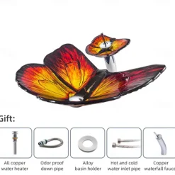 Bathroom Vessel Sink Butterfly Shape Artistic Tempered Glass Vessel Sink Vessel Bowl Sink Countertop Vanity Vessel Sink with Waterfall Faucet and Pop Up Drain Combo