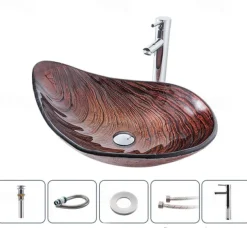 Bathroom Vessel Sink Rectangular 21"x15", Sink Mixer Faucet and Drain Combo with Pop-up Drain, Boat Shape Color Tempered Glass Artistic Vanity Sink Bowl, Above Counter Washroom Sink Art Wash Basin