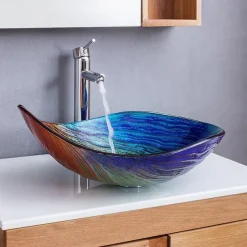 Bathroom Vessel Sink Rectangular 21"x15", Sink Mixer Faucet and Drain Combo with Pop-up Drain, Boat Shape Color Tempered Glass Artistic Vanity Sink Bowl, Above Counter Washroom Sink Art Wash Basin