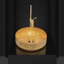 Bathroom Vessel Sink Round Contemporary Plating Glass Vessel Sink And Chrome Finish Waterfall Faucet Combo