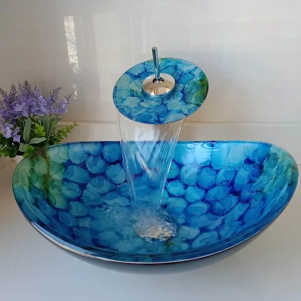 Bathroom Vessel Sink Set Rectangular 16"x13", Sink Mixer Faucet and Drain Combo with Pop-up Drain, Boat Shape Color Tempered Glass Artistic Vessel Vanity Sink Bowl, Above Counter Sink Art Wash Basin