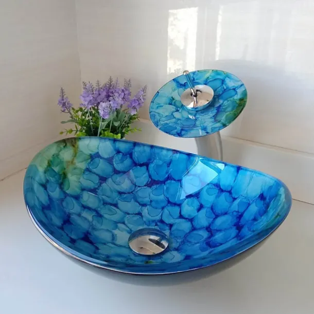 Bathroom Vessel Sink Set Rectangular 16"x13", Sink Mixer Faucet and Drain Combo with Pop-up Drain, Boat Shape Color Tempered Glass Artistic Vessel Vanity Sink Bowl, Above Counter Sink Art Wash Basin