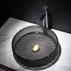 Bathroom Vessel Sink with Chrome Faucet,Wash Basin Glass Countertop Cylinder Wash Basin Hand Washbasin Worktop Installation Glass Basin Set with Chrome Brass Tap