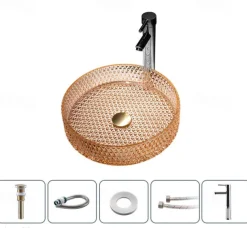 Bathroom Vessel Sink with Chrome Faucet,Wash Basin Glass Countertop Cylinder Wash Basin Hand Washbasin Worktop Installation Glass Basin Set with Chrome Brass Tap