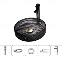 Bathroom Vessel Sink with Chrome Faucet,Wash Basin Glass Countertop Cylinder Wash Basin Hand Washbasin Worktop Installation Glass Basin Set with Chrome Brass Tap