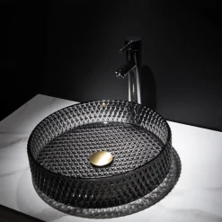 Bathroom Vessel Sink with Chrome Faucet,Wash Basin Glass Countertop Cylinder Wash Basin Hand Washbasin Worktop Installation Glass Basin Set with Chrome Brass Tap